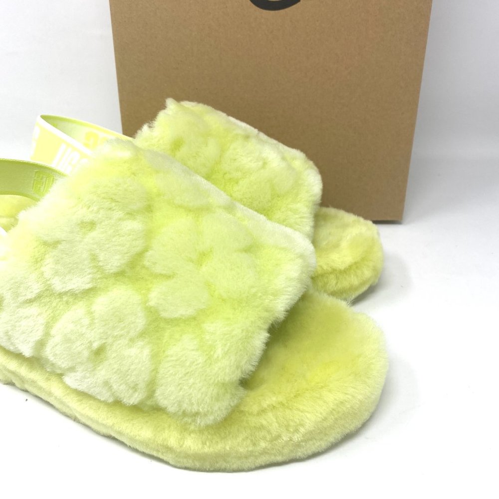 UGG Women Size 7 1118459 PLLN Fluff Yeah Poppy Yellow Pollen Fur Slides Slippers - Picture 5 of 10
